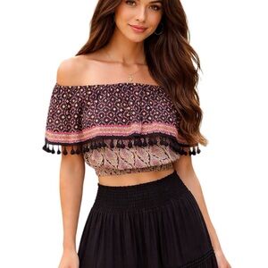 Raga Off the Shoulder Boho Top Size XS Anthropologie Ruffle Fringe Crop Top